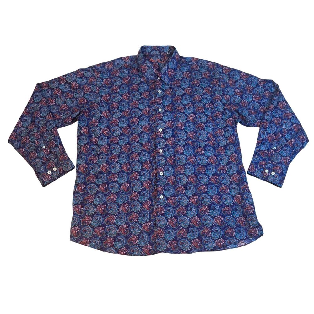 Alan Flusser Shirt Men's XXL Paisley Bright Blue Button Up Long Sleeve Shirt 2XL